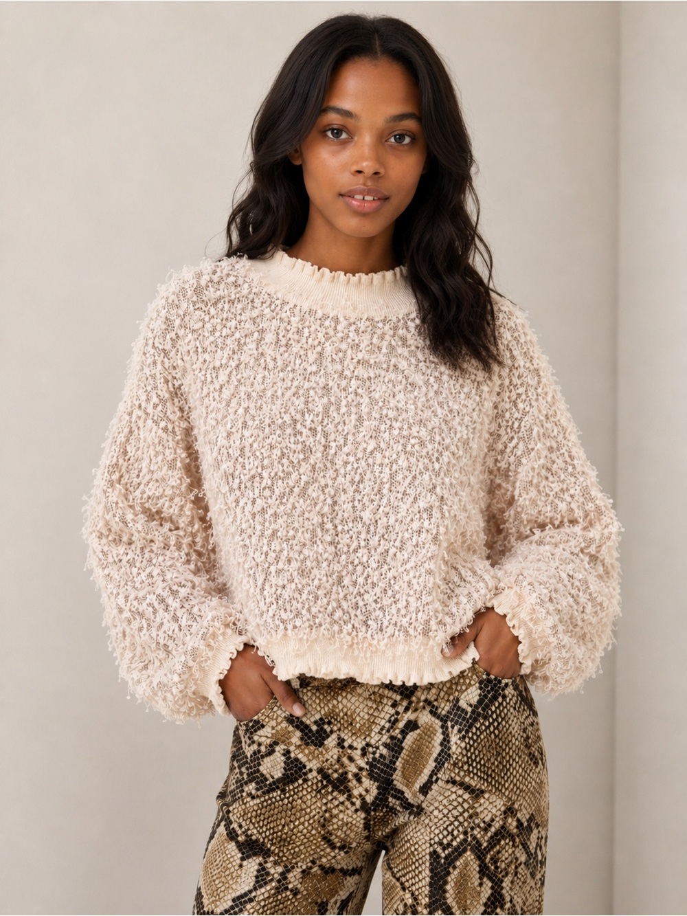Zara Cream Textured Fuzzy Crewneck Sweater